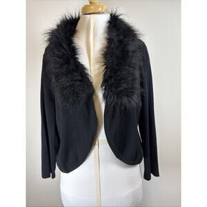 Black Faux Fur Trim Silk Blend Cardigan XL Y2K Mob Wife Witchy Goth Spense